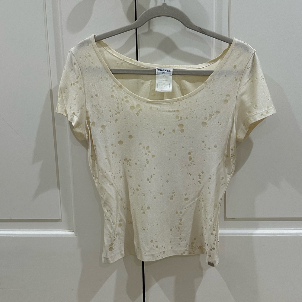 CHANEL Cream Splatter Paint Short Sleeve Top